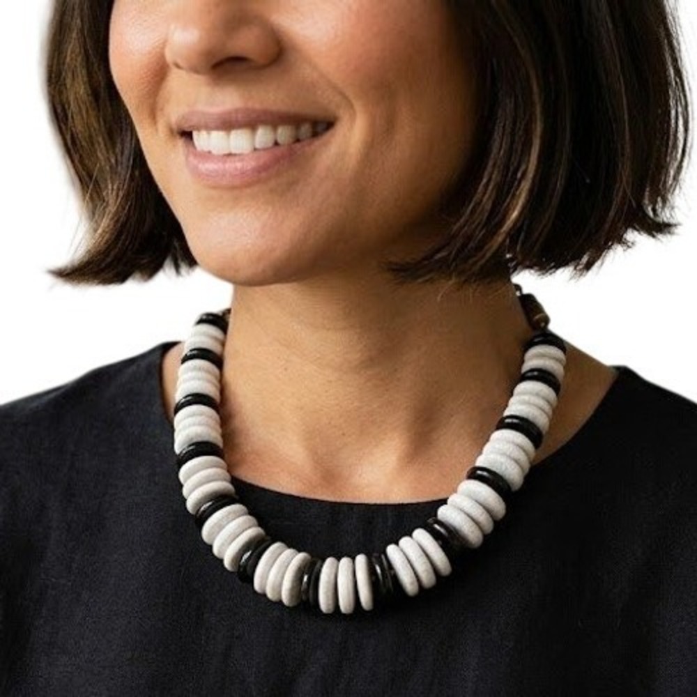 Vtg Artisan Ceramic Disc Bead Necklace Black White Glazed Pottery‎ Boho Choker